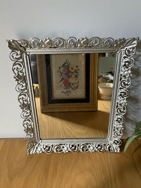 Vintage Silver Tone Ornate Decorative Wall Mirror Vanity Tray Hollywood Regency